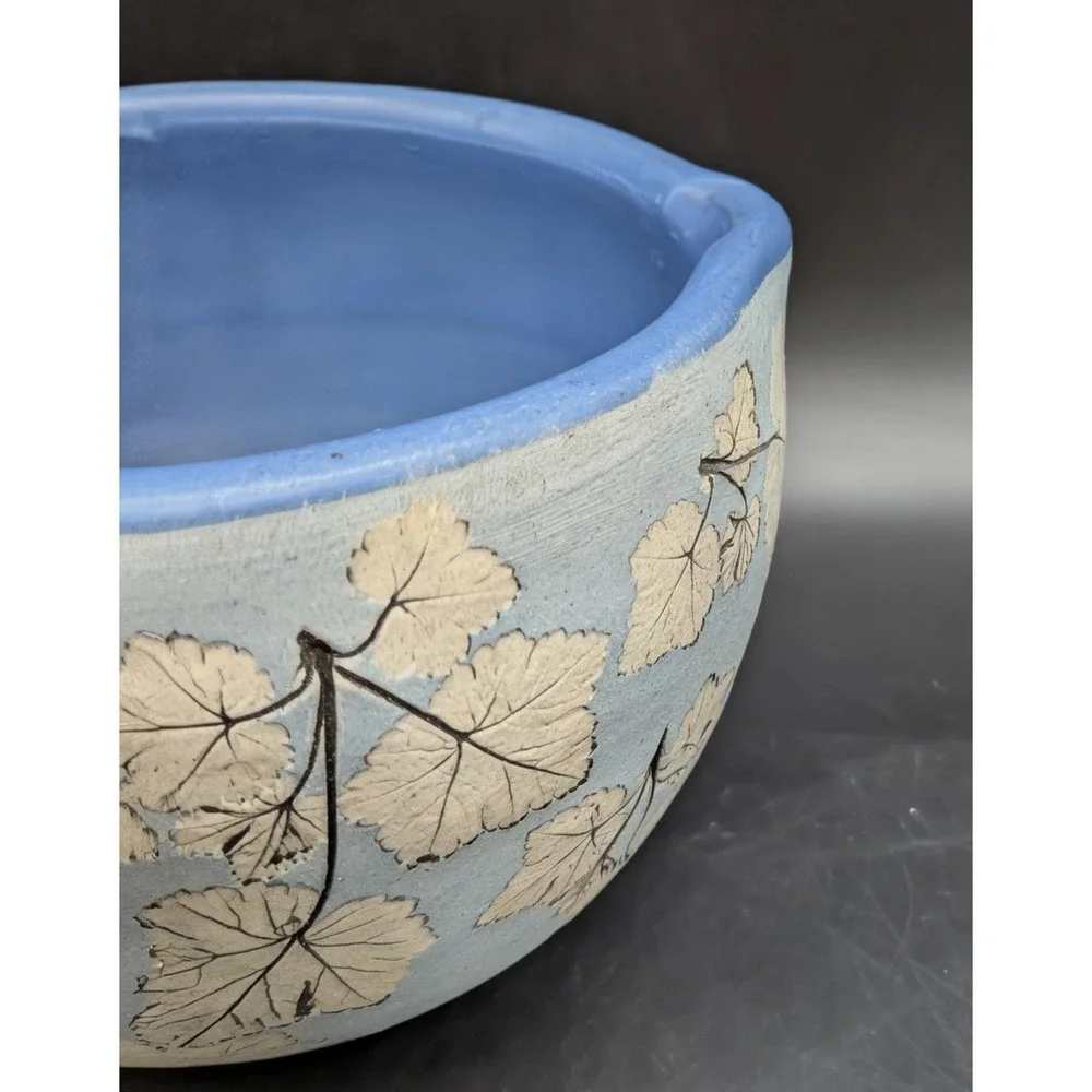 Vintage Wizards Of Clay Studio Art Pottery Impressed Leaf Blue Batter Bowl 5